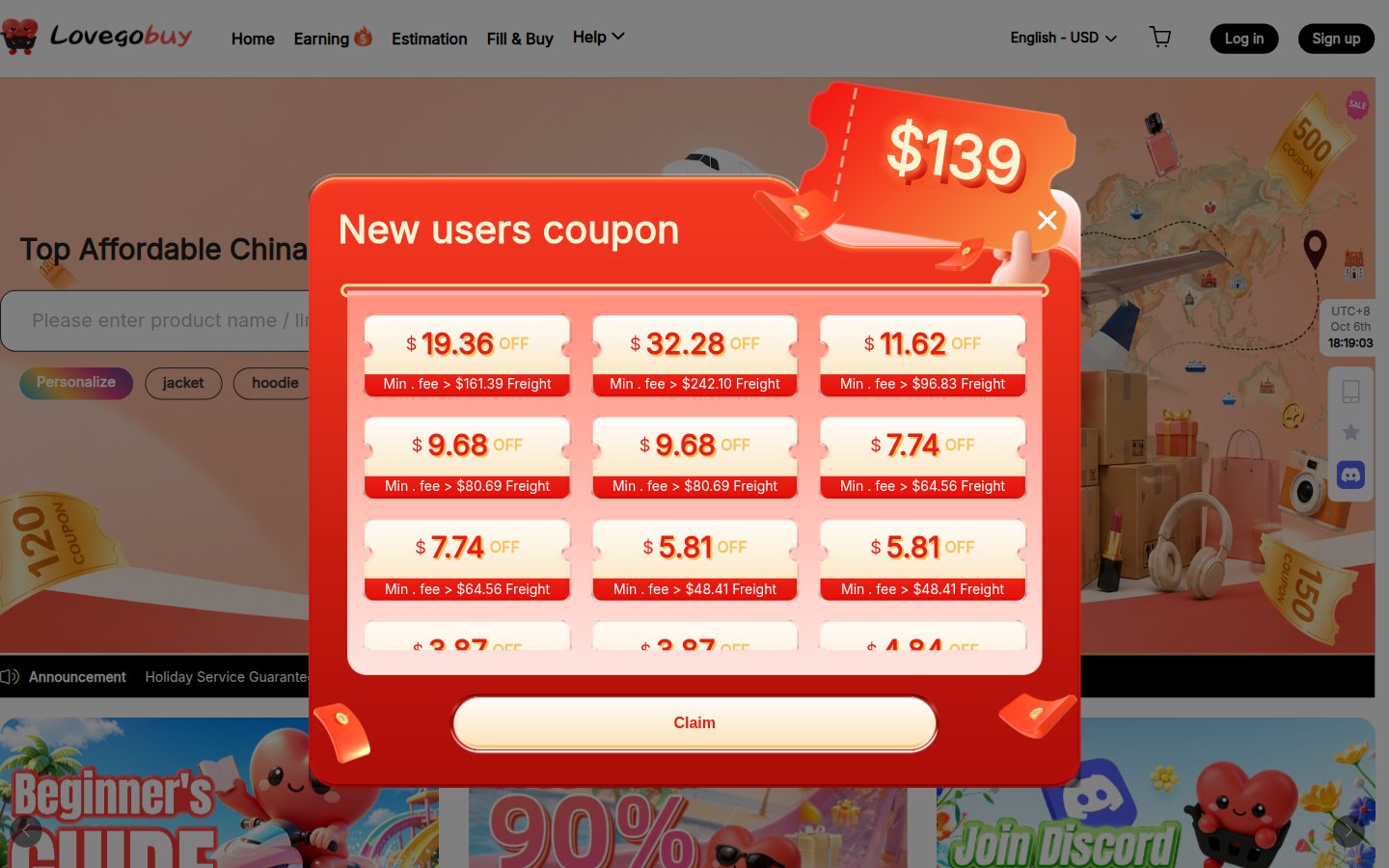 Officiële LoveGoBuy-homepage: zoekbalk, menu en verzendschatter
